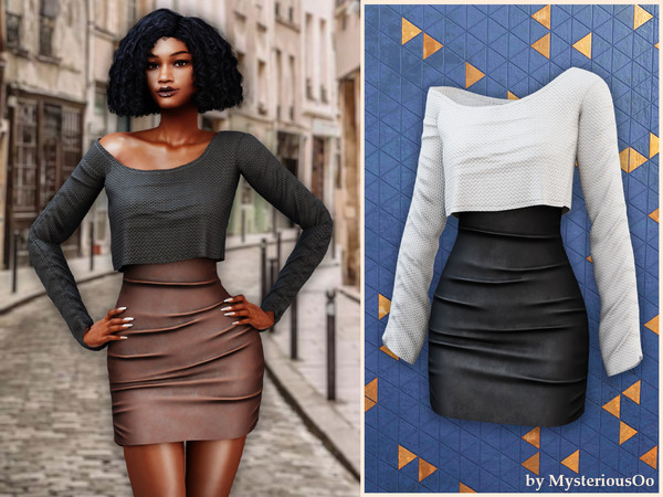 Sims 4 — Textured crop illusion mini dress by MysteriousOo — A modern mini dress designed with the look of a layered crop