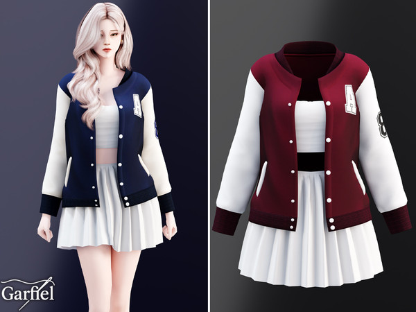 Sims 4 — Adult - Varsity jacket set with crop top and skirt by Garfiel — A sporty feminine outfit for adults featuring a