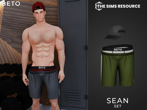 Sims 4 — Sean (Set) by Beto_ae0 — Men's sportswear outfit, shorts and cap