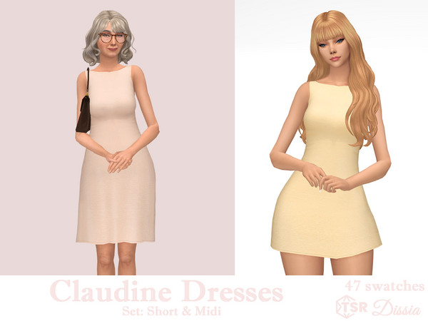 Sims 4 — Claudine Dresses by Dissia — Sleeveless tank top type solids dress in short and midi version