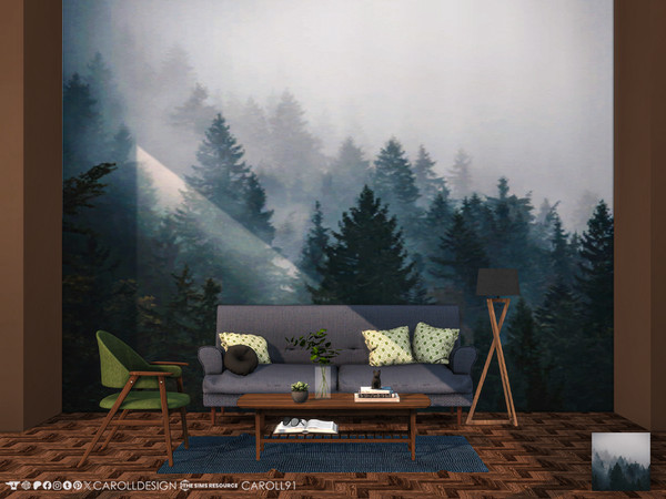 Sims 4 — Bosco Wall Mural 3 by Caroll912 — A 5-tile seamless mural wallpaper in dark green and teal tones. Suitable for