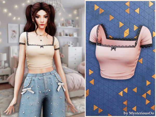 Sims 4 — Lace trim square neck top by MysteriousOo — A fitted crop top designed to enhance the silhouette. Features a