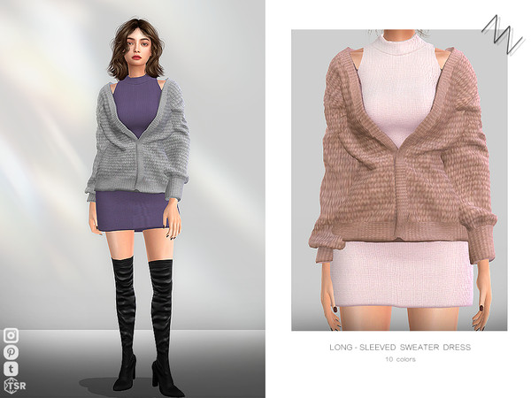 Sims 4 — LONG-SLEEVED SWEATER DRESS by ZNsims — long sleeves, sweaters, vests, dresses, short skirts