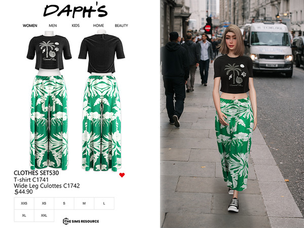 Sims 4 — CLOTHES SET530 by Daph's — A relaxed and stylish outfit set featuring a graphic crop t-shirt paired with flowy