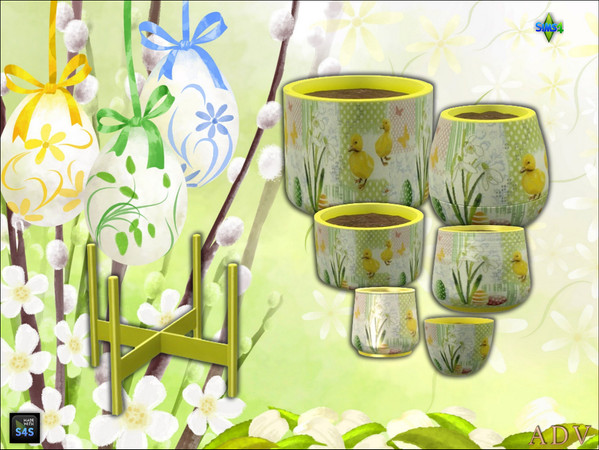 Sims 4 — ADV_Mabra_s4EasterSet07 by MABRA2 — A set of plantpots in 6 sizes and a plantpot stand