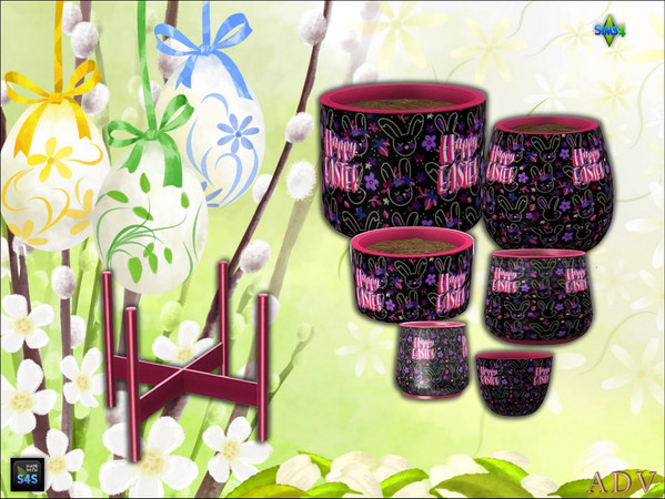Sims 4 — ADV_Mabra_s4EasterSet10_plantpotv5 by MABRA2 — A set of plantpots in 6 sizes and a plantpot stand