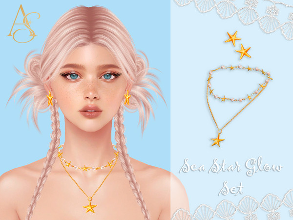 Sims 4 — Sea Star Glow Necklace by AbendsternCC — Elegant layered necklace with golden starfish charms and pearls,