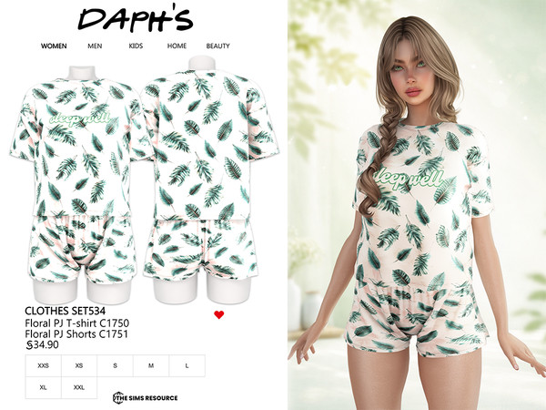 Sims 4 — CLOTHES SET534 by Daph's — A soft and comfortable pajama set featuring a floral t-shirt and matching shorts.