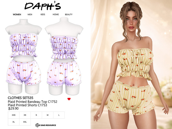 Sims 4 — CLOTHES SET535 by Daph's — A soft and feminine matching set featuring a plaid bandeau top and relaxed lounge