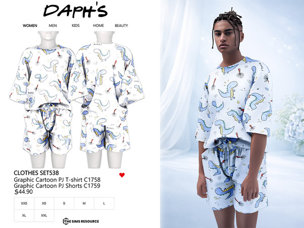 Sims 4 — CLOTHES SET538 by Daph's — A fun and cozy pajama set featuring a relaxed-fit t-shirt and matching shorts with