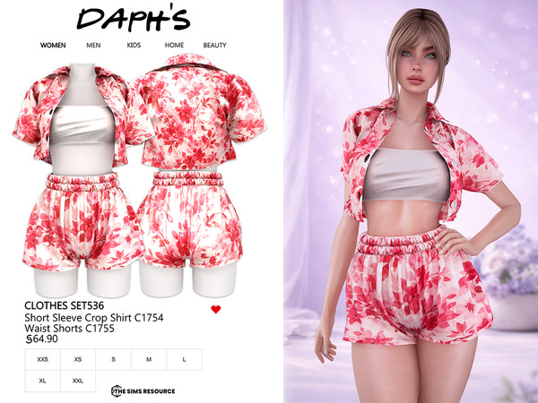 Sims 4 — CLOTHES SET536 by Daph's — A fresh and feminine matching set featuring a short sleeve floral crop shirt and