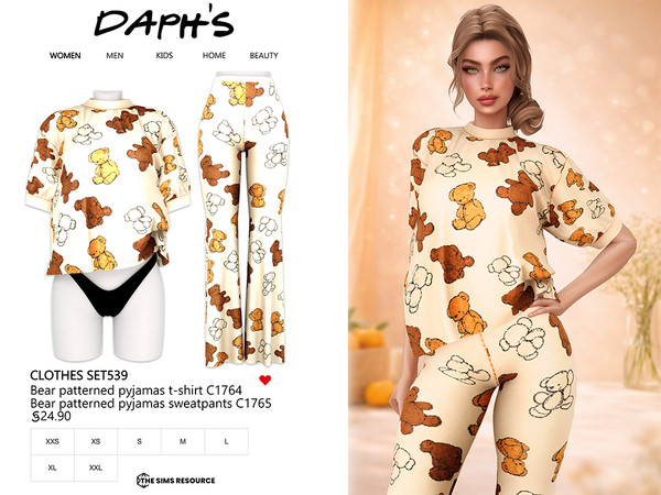 Sims 4 — Bear Patterned PJ Set by Daph's — A cozy and adorable pajama set featuring a relaxed-fit t-shirt and matching