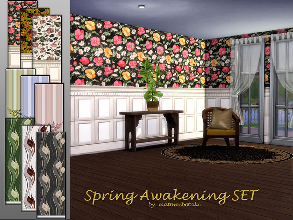 Sims 4 — Spring Awakening SET by matomibotaki — Set of 3 different wallpapers with spring-like floral motifs and cheerful