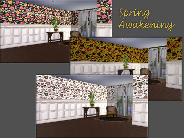 Sims 4 — Spring Awakening by matomibotaki — Set of 3 different wallpapers with spring-like floral motifs and cheerful