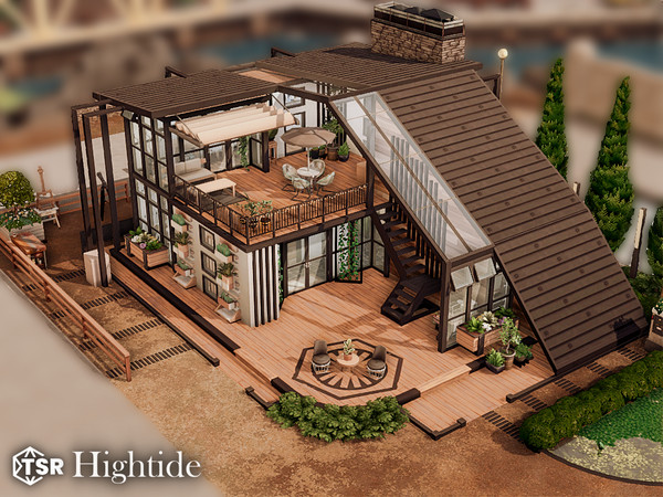 Sims 4 — Hightide l noCC by simZmora — Compact family residence with a bold architectural silhouette, warm wood detailing