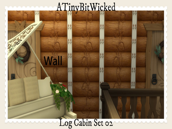Sims 4 — Floral Log Cabin Set - Wall by ATinyBitWicked — Floral cabin wall that comes in 11 different wood colors!
