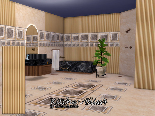 Sims 4 — Kitchen Bliss4 by matomibotaki — Unusual material mix with wood, marble tiles and decorative border, in 5