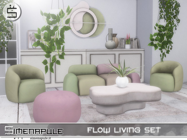 Sims 4 — Flow Living by Simenapule — With organic shapes and delicate pastel tones, these five coordinated pieces create