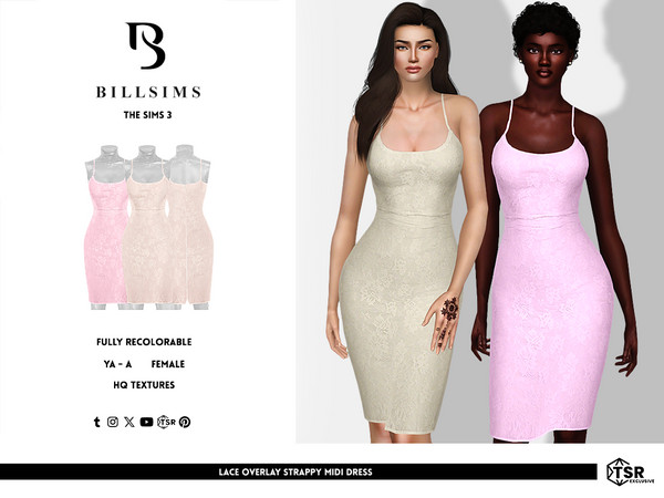 Sims 3 — Lace Overlay Strappy Midi Dress by Bill_Sims — This dress features a lace overlay construction with a fitted