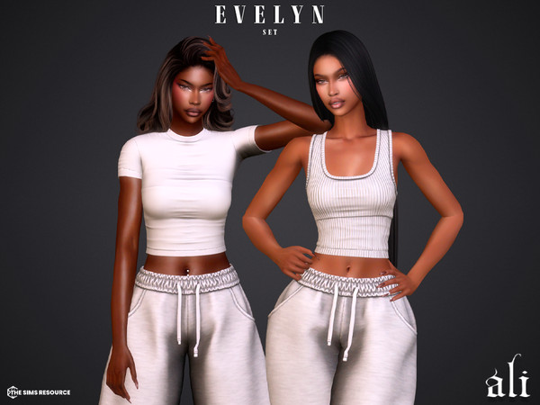 Sims 4 — EVELYN set by ali1 — Set Includes: Top, Ribbed Tank Top, Baggy Sweatpants and Bermuda Shorts