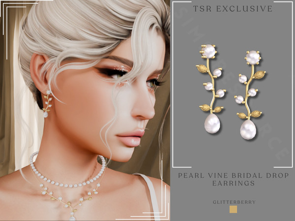 Sims 4 — Pearl Vine Bridal Drop Earrings by Glitterberryfly — Pearl Vine Bridal Drop Earrings