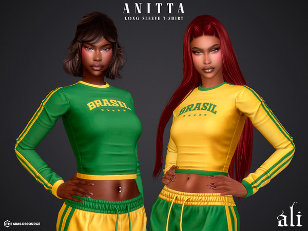 Sims 4 — ANITTA long-sleeve t-shirt by ali1 — Set Includes: T-shirt, Long-sleeve top, Tank top, pants, shorts, skirt and