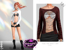Sims 4 — TASSEL OPEN-WEAVE T-SHIRT by ZNsims — tassels, hollowed-out design, T-shirt, underwear, lace