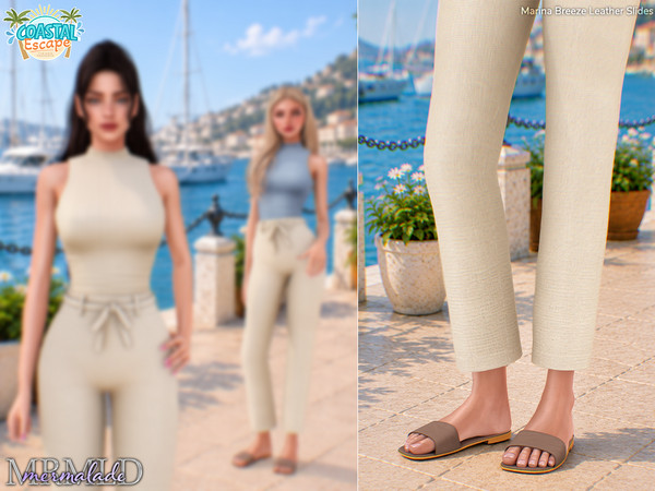 Sims 4 — MERMALADE Marina Breeze Leather Slides by Mermalade — Marina Breeze Ribbed Top - Marina Breeze Linen Pants