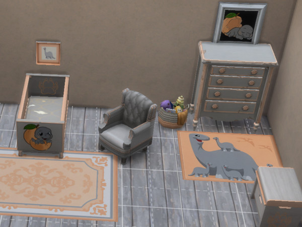 Sims 4 — WV peach dino nursery rug 1 by WriterVengeance — Recolored base game objects. The T-Rex and peach are my hand