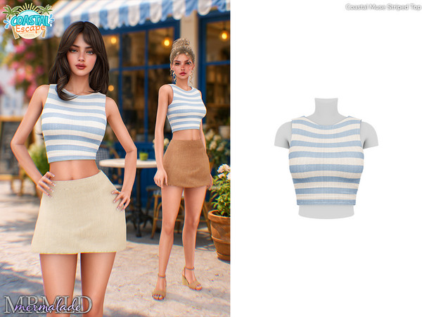 Sims 4 — MERMALADE Coastal Muse Striped Top by Mermalade — Coastal Muse Striped Top - Coastal Muse Linen Mini Skirt