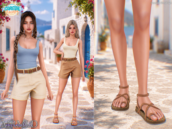 Sims 4 — Seaside Stroll Set by Mermalade — Seaside Stroll Tank Top - Seaside Stroll Belted Shorts