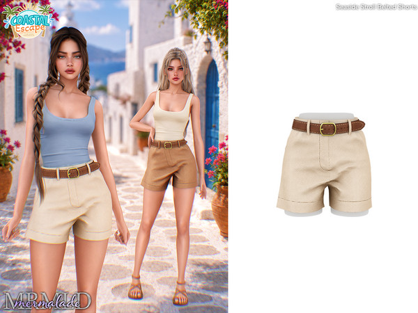 Sims 4 — MERMALADE Seaside Stroll Belted Shorts by Mermalade — Seaside Stroll Tank Top - Seaside Stroll Belted Shorts