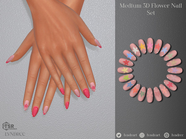 Sims 4 — Medium Rounded Aura 3D Flower Nails by LVNDRCC — Set of medium length nails, with decorative sculpted flower