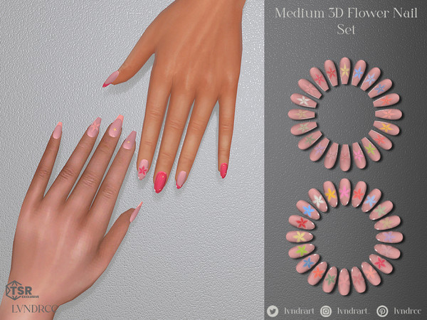 Sims 4 — Medium 3D Flower Nails Set by LVNDRCC — Set of medium length nails, with decorative sculpted flower with a soft