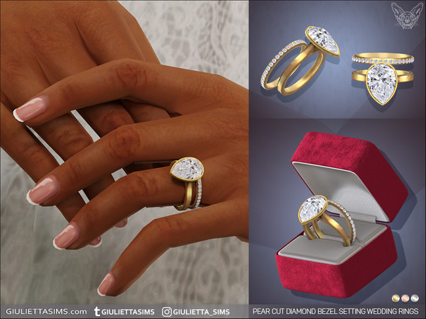 Sims 4 — Pear Cut Diamond Bezel Setting Engagement And Wedding Rings by feyona — Pear Cut Diamond Bezel Setting