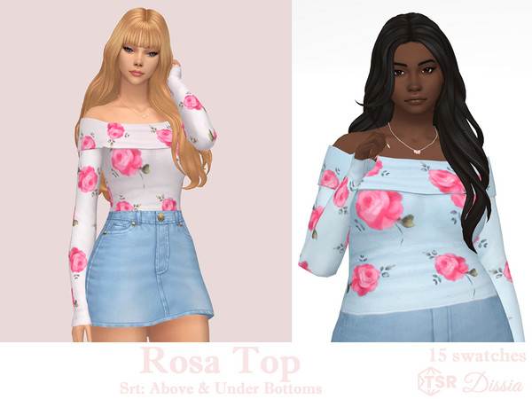 Sims 4 — Rosa Top by Dissia — Bare shoulders long sleeves roses pattern top
