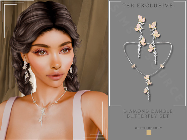 Sims 4 — Diamond Dangle Butterfly Set by Glitterberryfly — A diamond butterfly dangle set with earrings and necklace