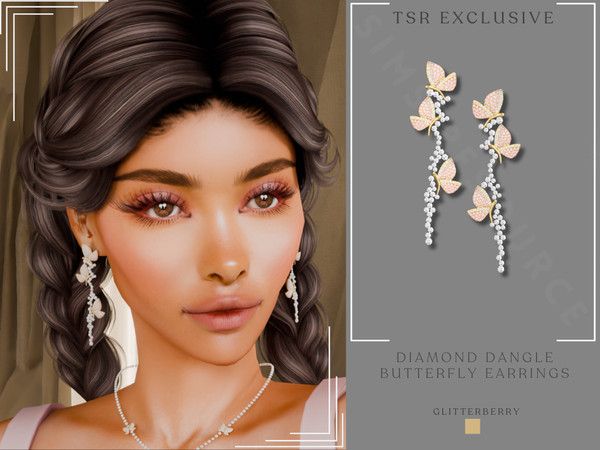 Sims 4 — Diamond Dangle Butterfly Earrings by Glitterberryfly — A diamond butterfly dangle set with earrings and necklace