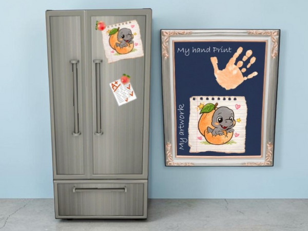 Sims 4 — WV Refrig recolor peach and grey artwork and grades by WriterVengeance — A basegame refrigerator with added