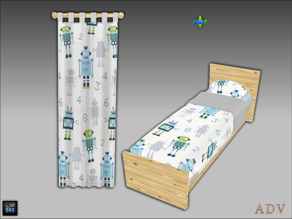 Sims 4 — ADV_Mabra_s4BedCurtainSet05_bed by MABRA2 — Set includes a single bed with bedding and a matching curtain.