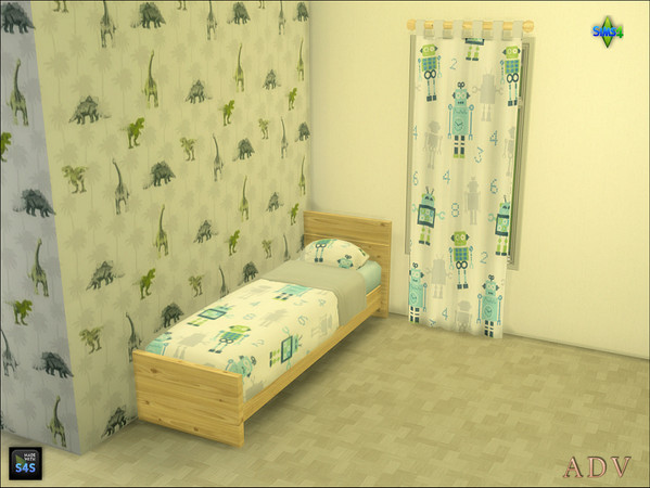 Sims 4 — ADV_Mabra_s4BedCurtainSet05_curtain by MABRA2 — Set includes a single bed with bedding and a matching curtain.