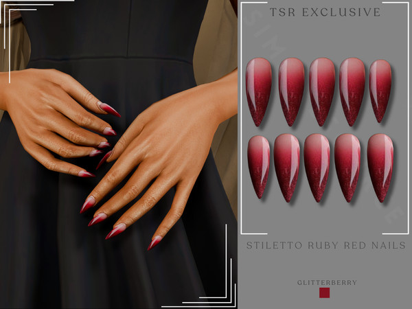 Sims 4 — Stiletto Ruby Red Nails by Glitterberryfly — A Stiletto Ruby red nail
