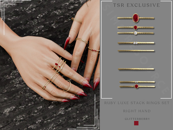 Sims 4 — Ruby Luxe Ring Stack Set - Right Hand by Glitterberryfly — A set of 3 rings for the right hand. All set in gold