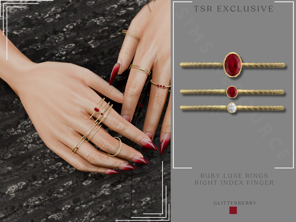 Sims 4 — Ruby Luxe Gold Ring Stack Right Index Finger by Glitterberryfly — A set of 3 rings for the right hand. All set