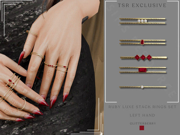 Sims 4 — Ruby Luxe Stack Rings set - Left Hand by Glitterberryfly — 3 left hand rings for the Ruby luxe stack. Set in