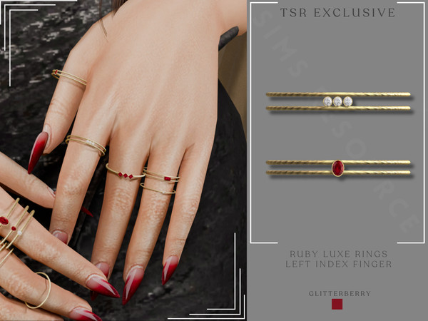 Sims 4 — Ruby Luxe Gold Ring Stack Left Index Finger by Glitterberryfly — 3 left hand rings for the Ruby luxe stack. Set