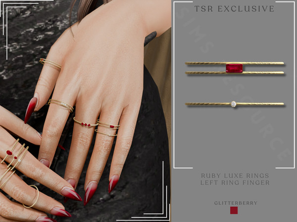 Sims 4 — Ruby Luxe Gold Ring Stack Left Ring Finger by Glitterberryfly — 3 left hand rings for the Ruby luxe stack. Set