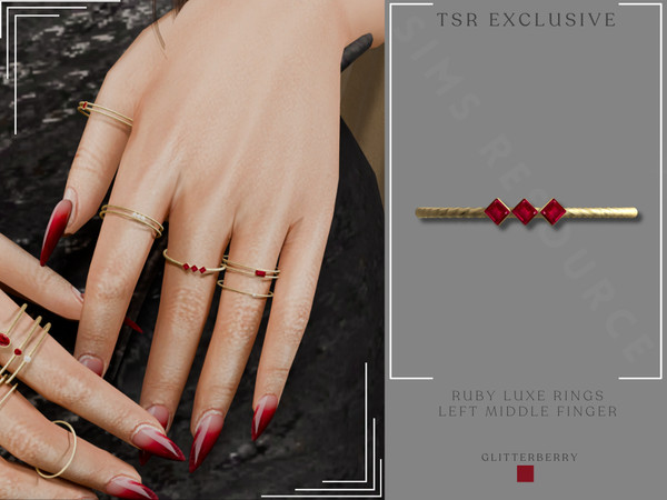 Sims 4 — Ruby Luxe Gold Ring Stack Left Middle Finger by Glitterberryfly — 3 left hand rings for the Ruby luxe stack. Set