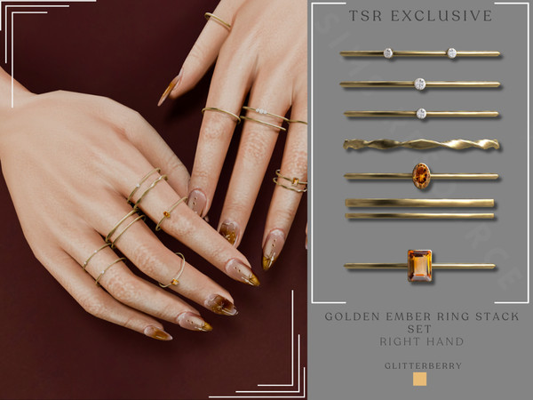 Sims 4 — Golden Ember Ring Stack Set - Right Hand by Glitterberryfly — A gold and citrine brown gemstone set of rings.