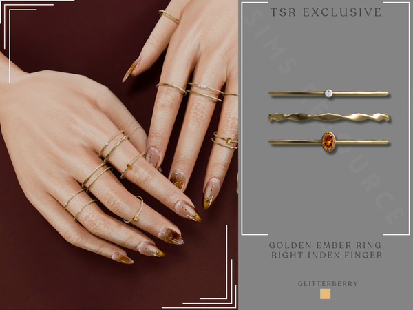 Sims 4 — Golden Ember Ring Stack Right Index Finger by Glitterberryfly — A gold and citrine brown gemstone set of rings.